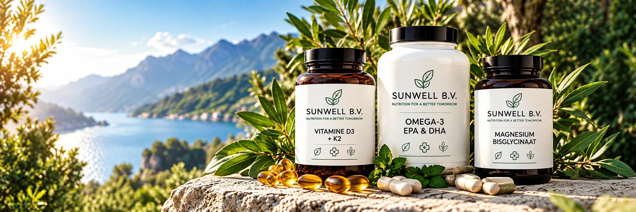 Sunwell voedingssupplementen aan een meer, omringd door natuurlijke ingrediënten